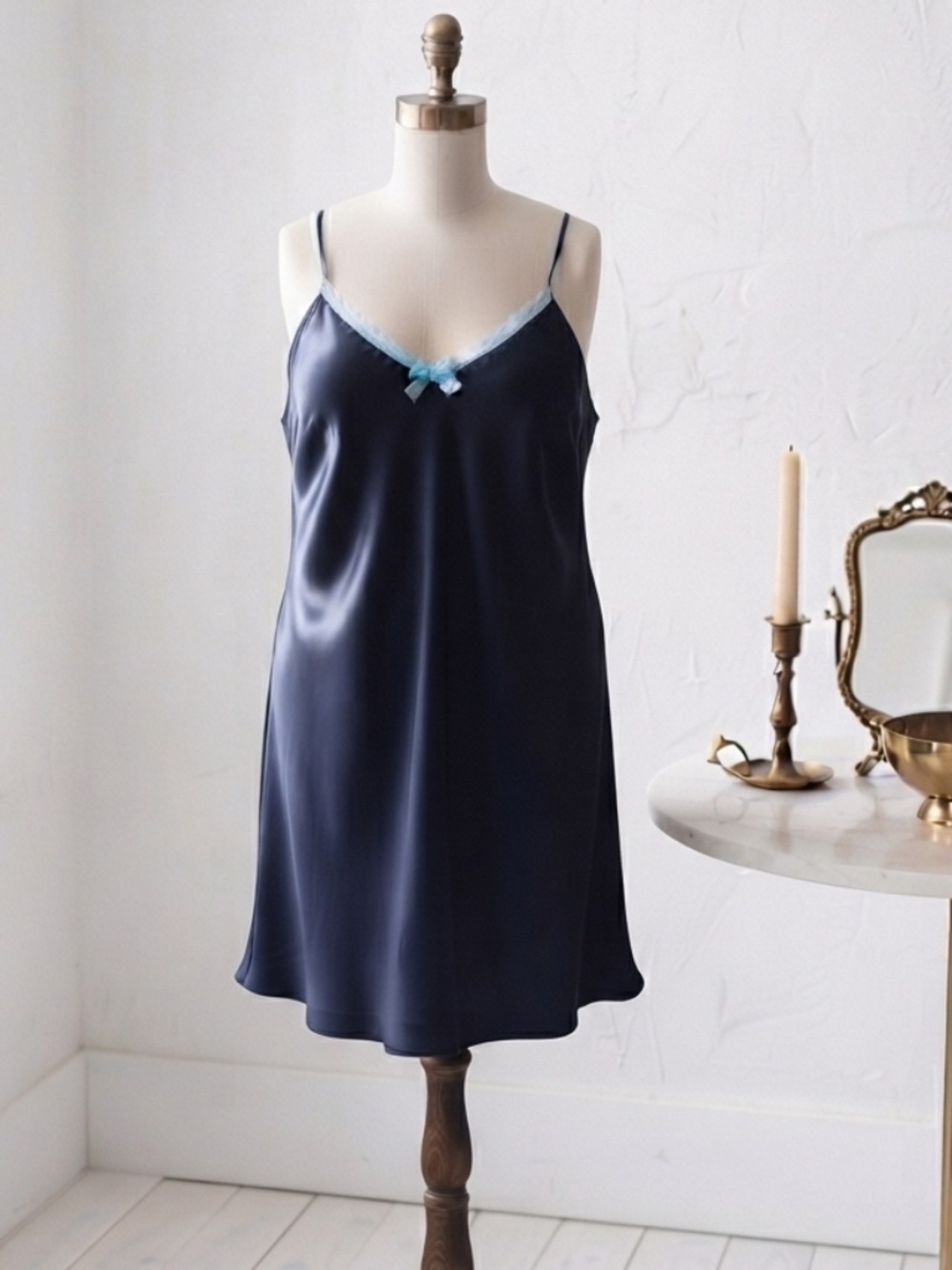 VTG Y2K C&A Lingerie Made in Germany Navy Satin Full Slip Lace Trim Bow XXL